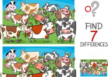 Cartoon Illustration of Finding Seven Differences Between Pictures Educational Activity Game for Kids with Cows Farm Animal Characters Group