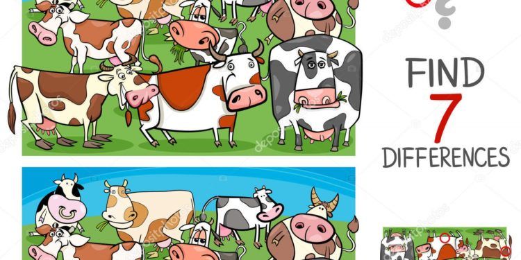 Cartoon Illustration of Finding Seven Differences Between Pictures Educational Activity Game for Kids with Cows Farm Animal Characters Group