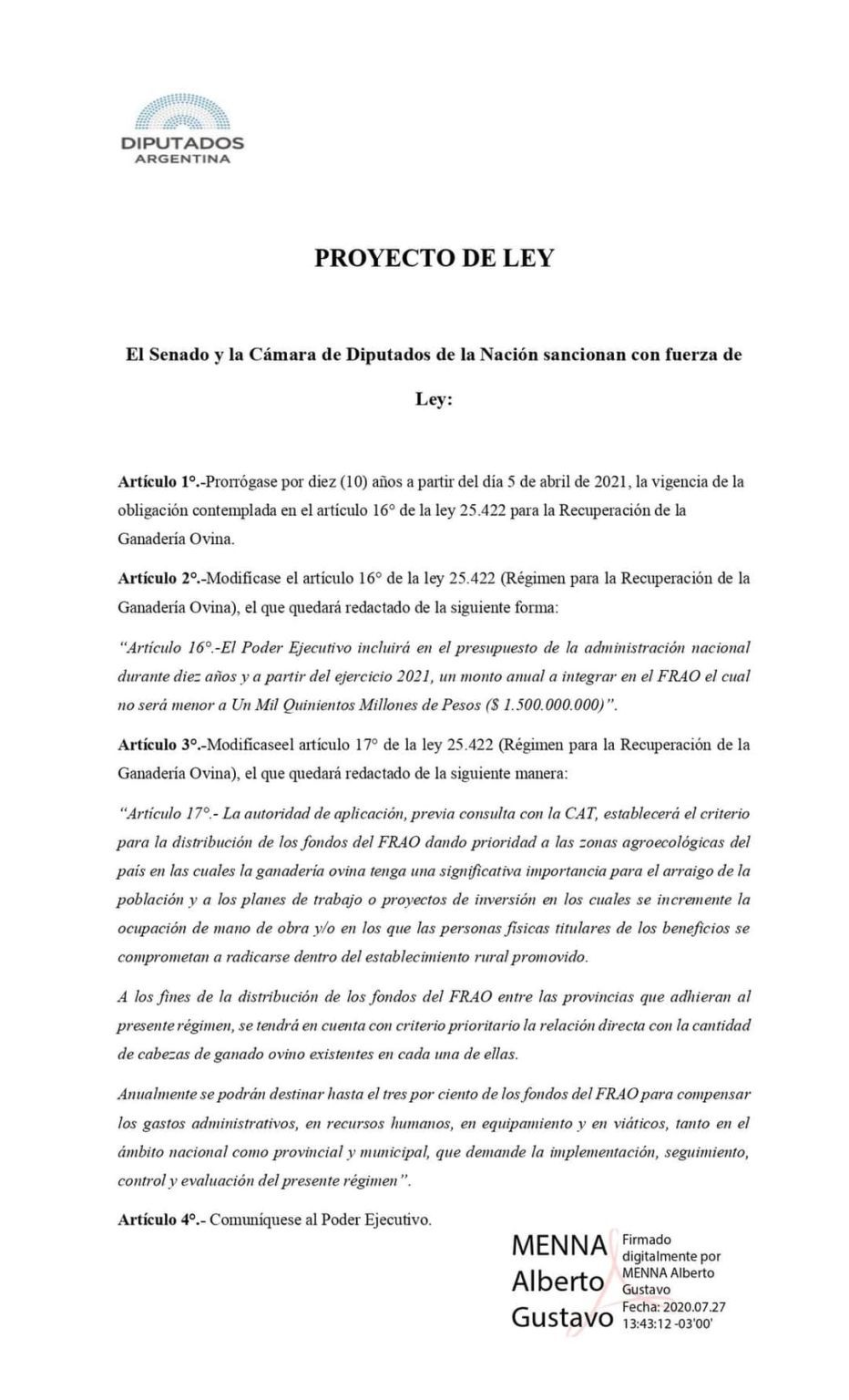Un diputado quiere que la ley ovina se extienda hasta 2031 y que se le asignen 1.500 millones de pesos de presupuesto